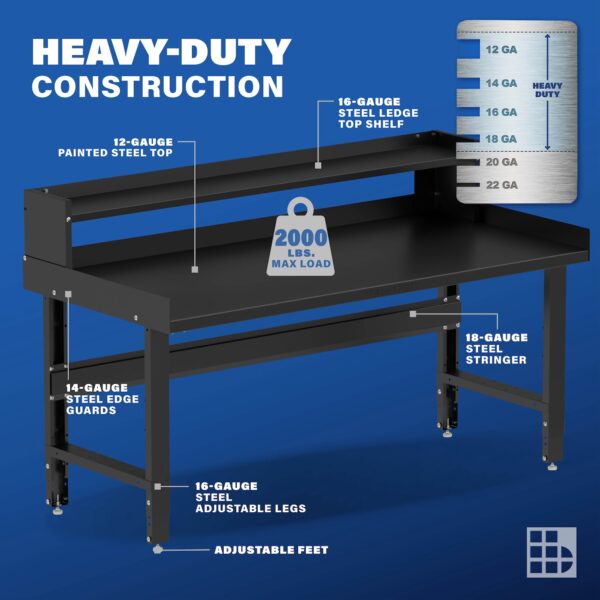 Image showcasing steel gauge details for a 72" Wide Adjustable Height Garage Steel Workbench