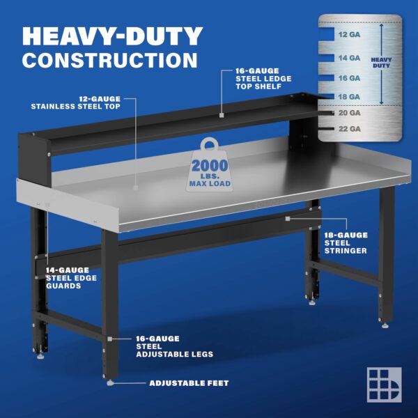 Image showcasing steel gauge details for a 72" Wide Adjustable Height Garage Stainless Steel Workbench