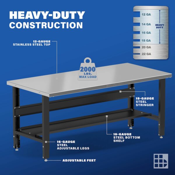 Image showcasing steel gauge details for a 72" Wide Adjustable Stainless Steel work bench