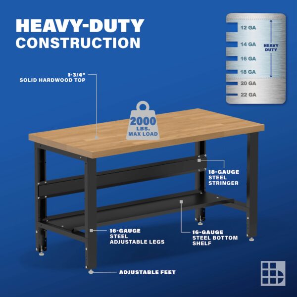 Image showcasing steel gauge details for a 60" Wide Adjustable Height wood work bench