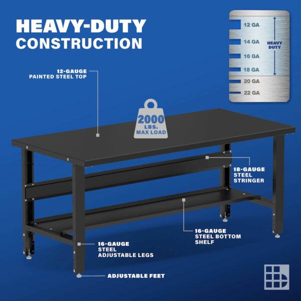 Image showcasing steel gauge details for a 72" Wide Adjustable Height Steel work bench