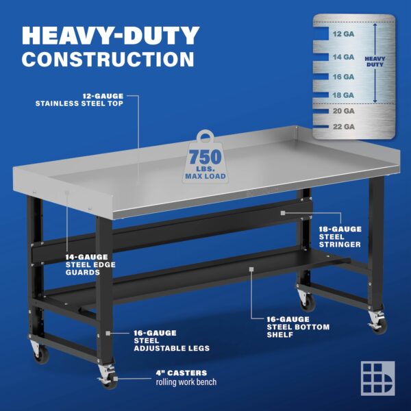 Image showcasing steel gauge details for a 72" Wide Mobile Garage Stainless Steel Workbench