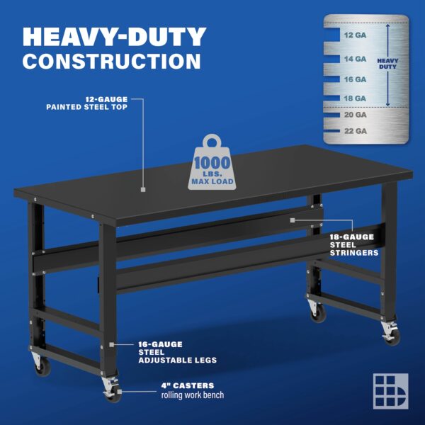 Image showcasing steel gauge details for a 72" Wide Mobile metal workbench for sale