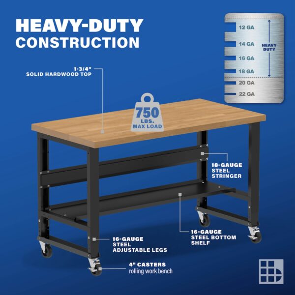 Image showcasing steel gauge details for a 60" Wide mobile solid wood top workbench