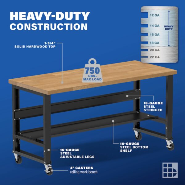 Image showcasing steel gauge details for a 72" Wide mobile solid wood top workbench