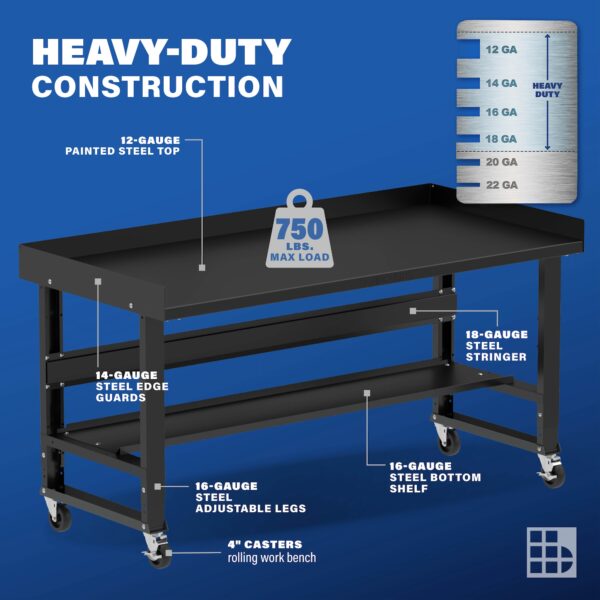 Image showcasing steel gauge details for a 72" Wide Rolling Garage Steel Workbench