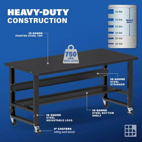Image showcasing steel gauge details for a 72" Wide Rolling Steel workbench for sale