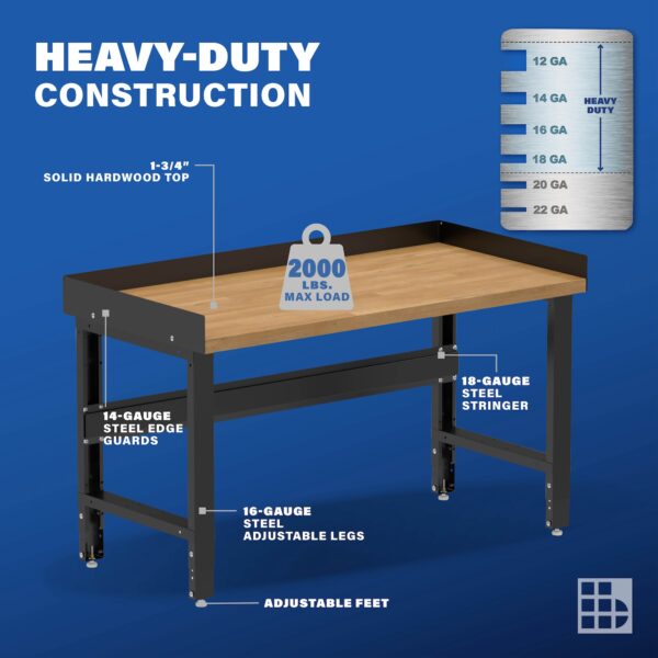 Image showcasing steel gauge details for a 60" solid wood top workbench