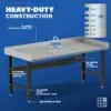 Image showcasing steel gauge details for a 72" stainless steel workbench for sale