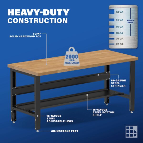 Image showcasing steel gauge details for a 72" Wide Adjustable Height wood work bench