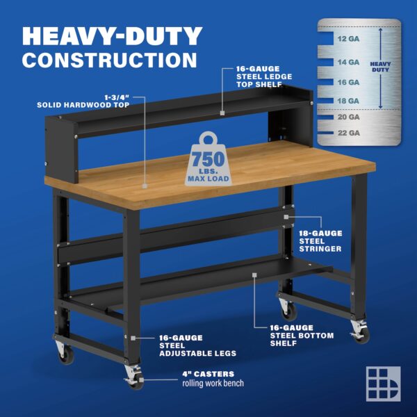 Image showcasing steel gauge details for a 60" Wide Wood Workbench on Casters