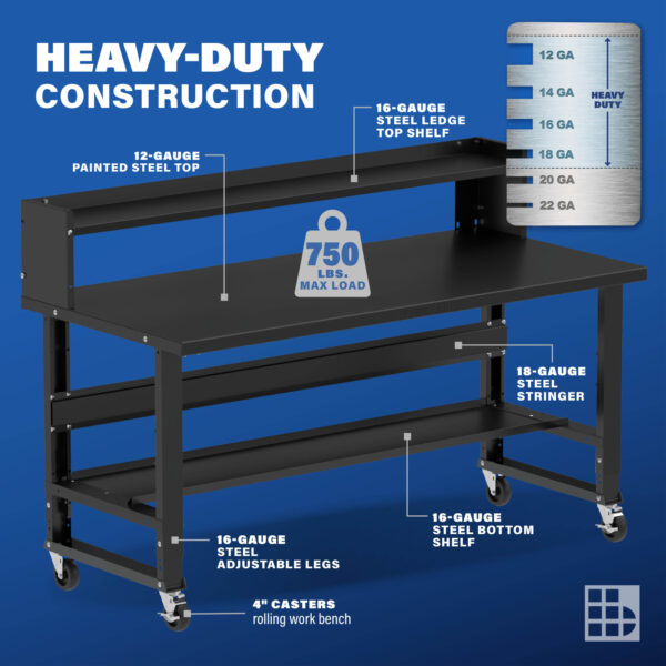 Image showcasing steel gauge details for a 72" Wide Steel Workbench on Casters