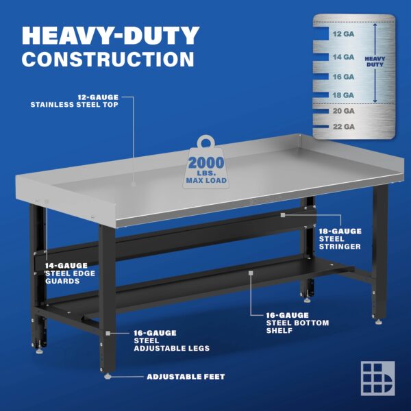 Image showcasing steel gauge details for a 72" Wide Heavy Duty stainless Steel Workbench