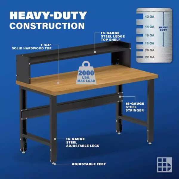 Image showcasing steel gauge details for 60" Wide Wood Workbenches for Garages