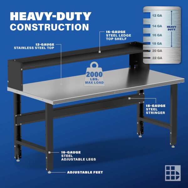 Image showcasing steel gauge details for 72" Wide stainless steel Workbenches for the garage