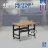 Image showcasing adjustable workbench and sizes for a 48" Wide Mobile wood top workbench