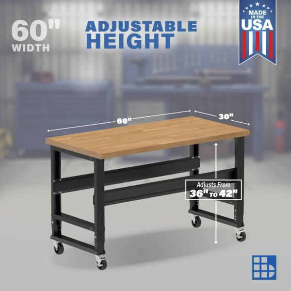Image showcasing adjustable workbench and sizes for a 60" Wide Mobile wood top workbench