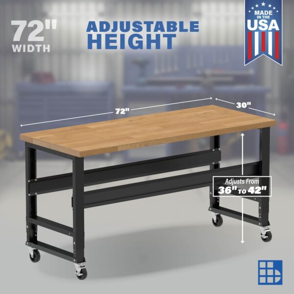Image showcasing adjustable workbench and sizes for a 72" Wide Mobile wood top workbench
