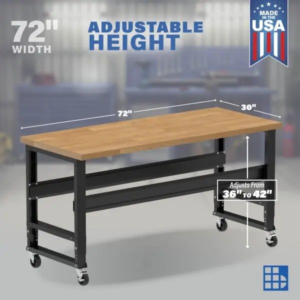 Image showcasing adjustable workbench and sizes for a 72" Wide Mobile wood top workbench