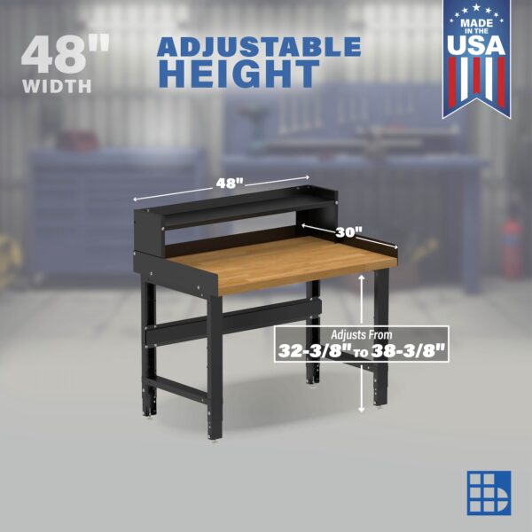 Image showcasing adjustable workbench and sizes for a 48" Wide Adjustable Height Garage Wood Workbench