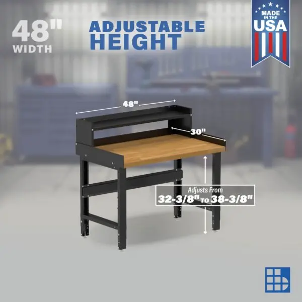 Image showcasing adjustable workbench and sizes for a 48" Wide Adjustable Height Garage Wood Workbench