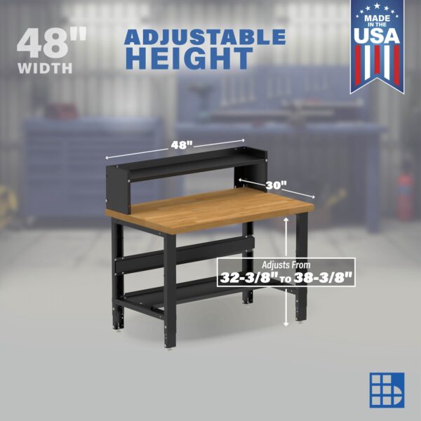 Image showcasing adjustable workbench and sizes for a 48" Wide Small Wood workbench for sale