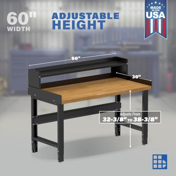 Image showcasing adjustable workbench and sizes for a 60" Wide Adjustable Height Garage Wood Workbench