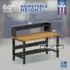 Image showcasing adjustable workbench and sizes for a 60" Wide Adjustable Height Garage Wood Workbenches