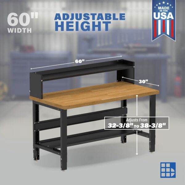 Image showcasing adjustable workbench and sizes for a 60" Wide Adjustable Height Garage Wood Workbenches