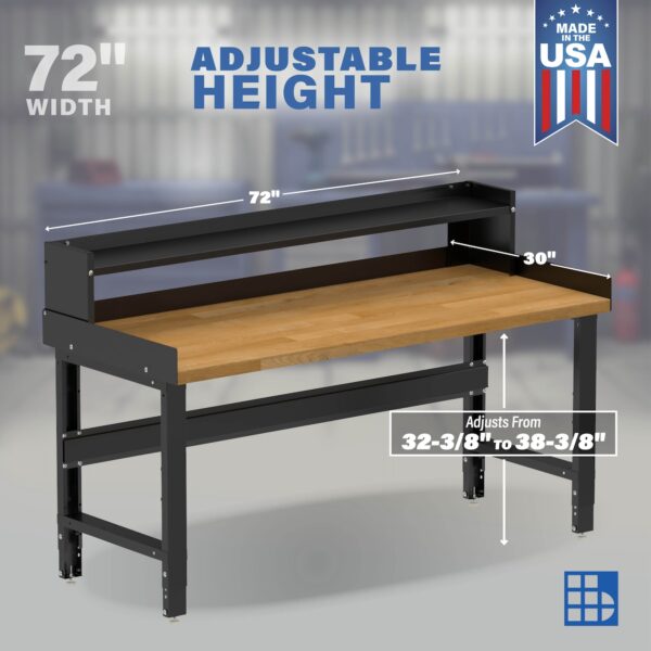 Image showcasing adjustable workbench and sizes for a 72" Wide Adjustable Height Garage Wood Workbench