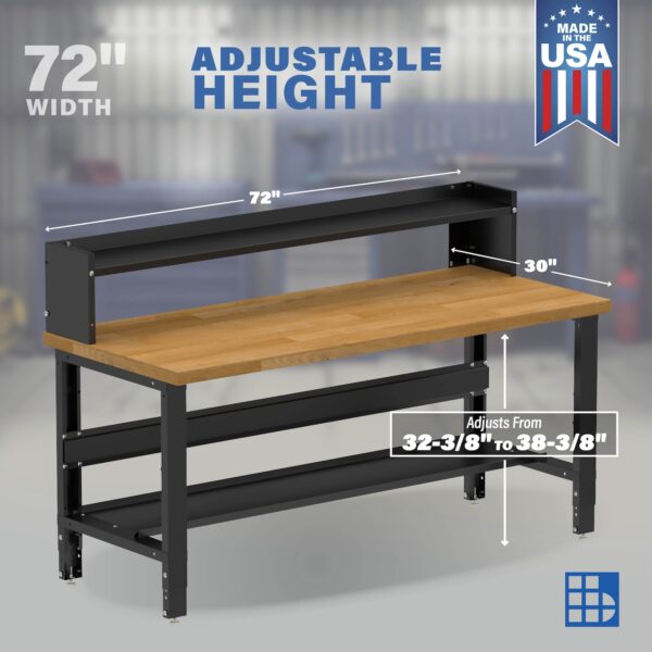 Image showcasing adjustable workbench and sizes for a 72" Wide Large workbench for sale