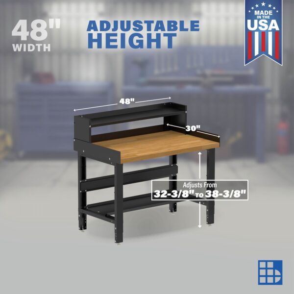 Image showcasing adjustable workbench and sizes for a 48" Wide hardwood workbench