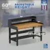 Image showcasing adjustable workbench and sizes for a 60" Wide Wood Top Workbench