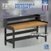 Image showcasing adjustable workbench and sizes for a 72" Wide solid wood top workbench