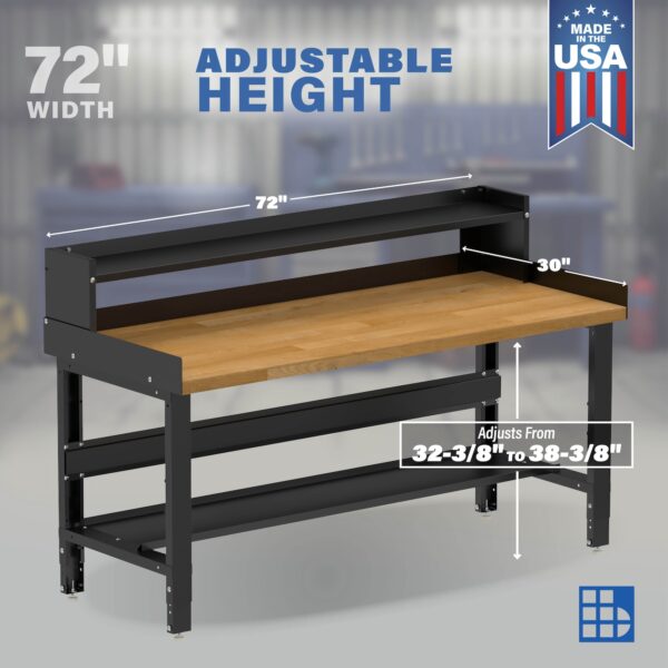 Image showcasing adjustable workbench and sizes for a 72" Wide solid wood top workbench
