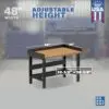 Image showcasing adjustable workbench and sizes for a 48" Wide Heavy Duty Wood Workbench