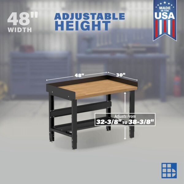 Image showcasing adjustable workbench and sizes for a 48" Wide Heavy Duty Wood Workbench