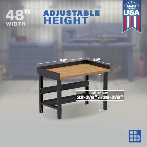 Image showcasing adjustable workbench and sizes for a 48" Wide Heavy Duty Wood Workbench
