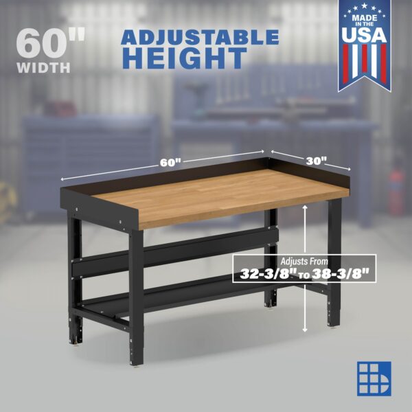 Image showcasing adjustable workbench and sizes for a 60" Wide Heavy Duty Wood Workbench