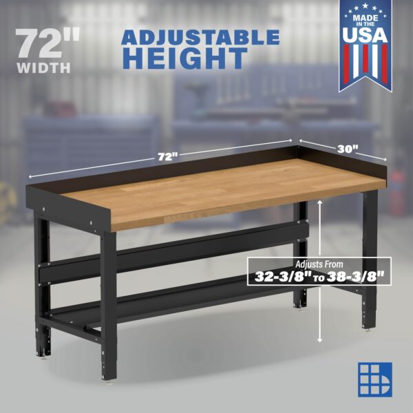 Image showcasing adjustable workbench and sizes for a 72" Wide Heavy Duty Wood Workbench
