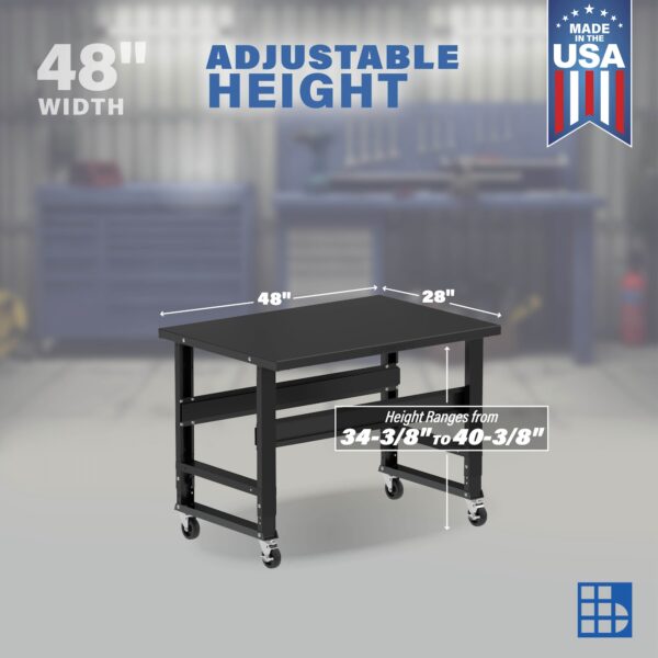 Image showcasing adjustable workbench and sizes for a 48" Wide Mobile metal work bench for sale