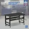 Image showcasing adjustable workbench and sizes for a 60" Wide Mobile steel work bench for sale