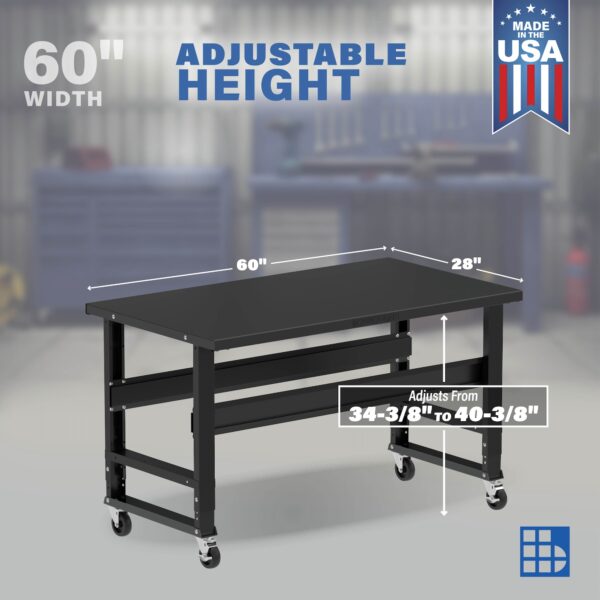 Image showcasing adjustable workbench and sizes for a 60" Wide Mobile steel work bench for sale
