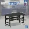 Image showcasing adjustable workbench and sizes for a 60" x 34" Wide Mobile steel work bench for sale