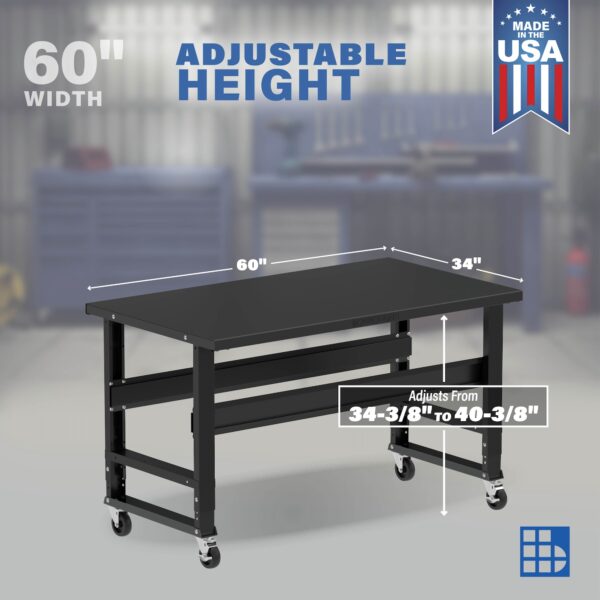 Image showcasing adjustable workbench and sizes for a 60" x 34" Wide Mobile steel work bench for sale