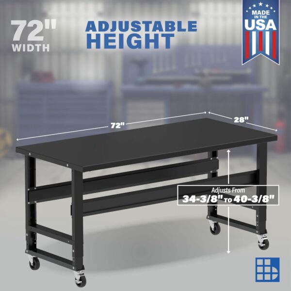 Image showcasing adjustable workbench and sizes for a 72" Wide Mobile metal workbench for sale