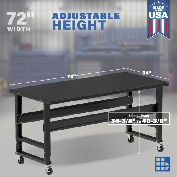 Image showcasing adjustable workbench and sizes for a 72" x 34" Wide Mobile metal workbench for sale