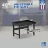 Image showcasing adjustable workbench and sizes for a 48" Metal Work Bench For Sale