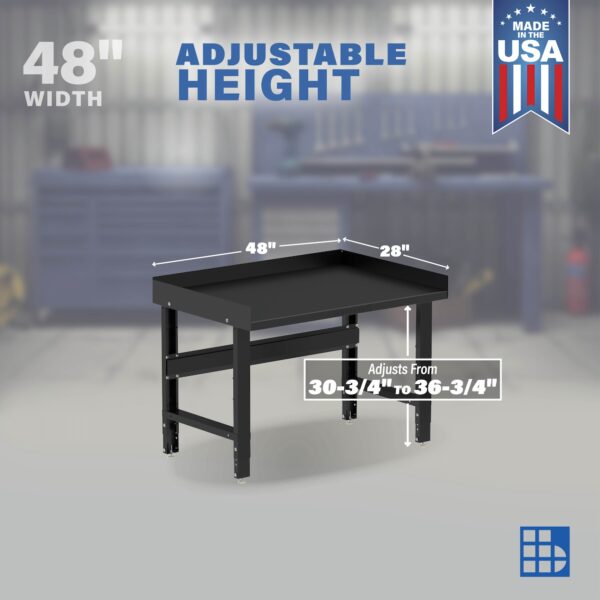 Image showcasing adjustable workbench and sizes for a 48" Metal Work Bench For Sale
