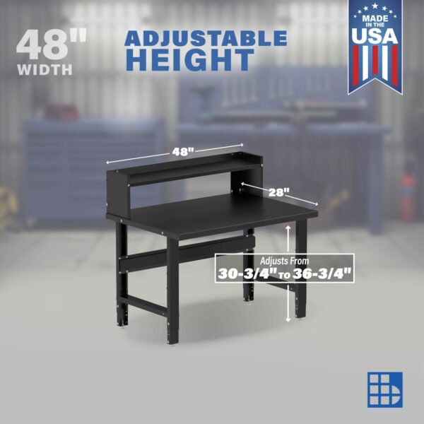 Image showcasing adjustable workbench and sizes for 48" Wide Steel Workbenches for Garages